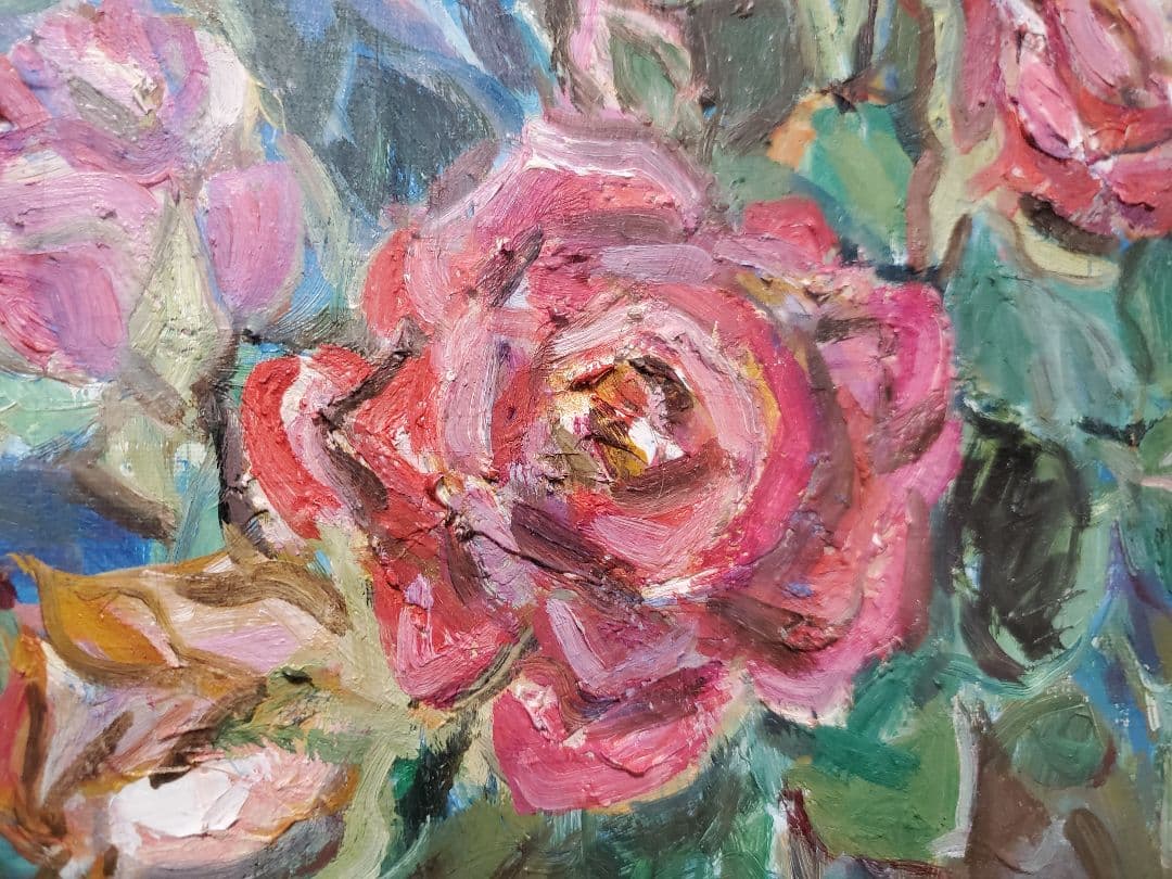 【特価】桐生照子 油彩画 花瓶のバラ