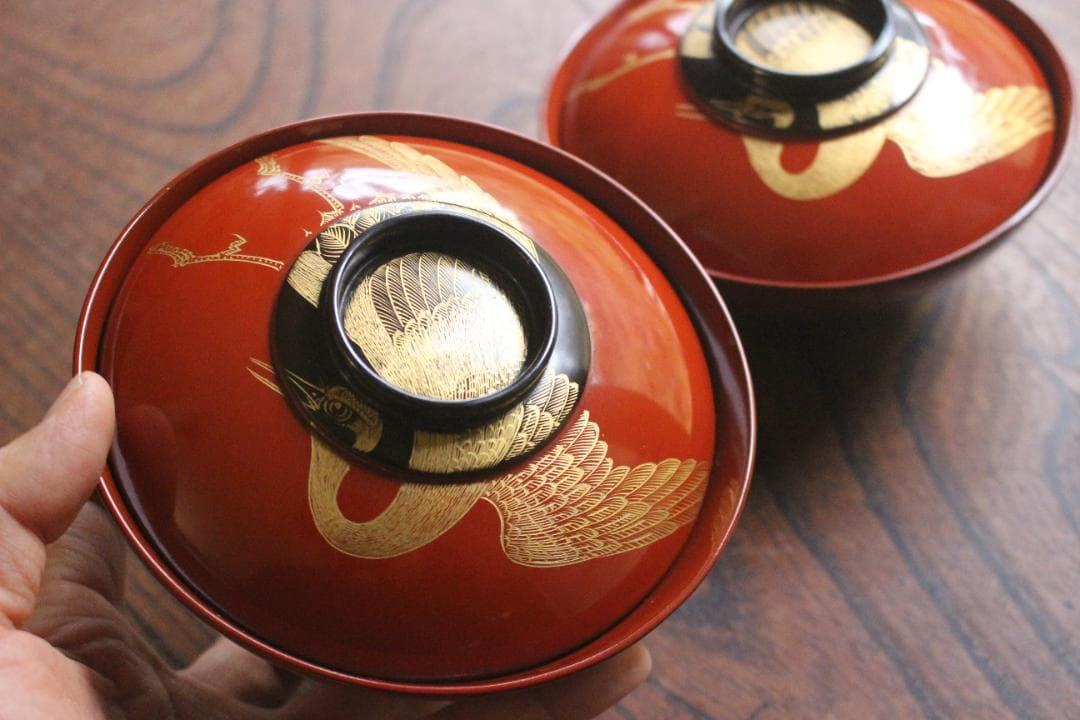 時代逸品！時代日の出塗に極上鶴沈金の映えるお椀2点（検輪島塗雑煮椀