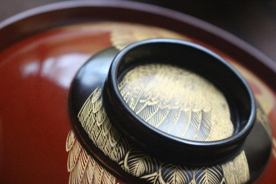 時代逸品！時代日の出塗に極上鶴沈金の映えるお椀2点（検輪島塗雑煮椀