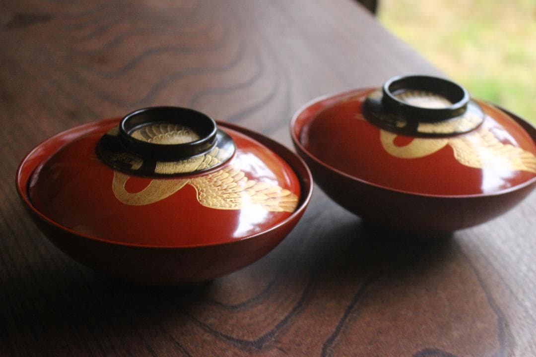 時代逸品！時代日の出塗に極上鶴沈金の映えるお椀2点（検輪島塗雑煮椀