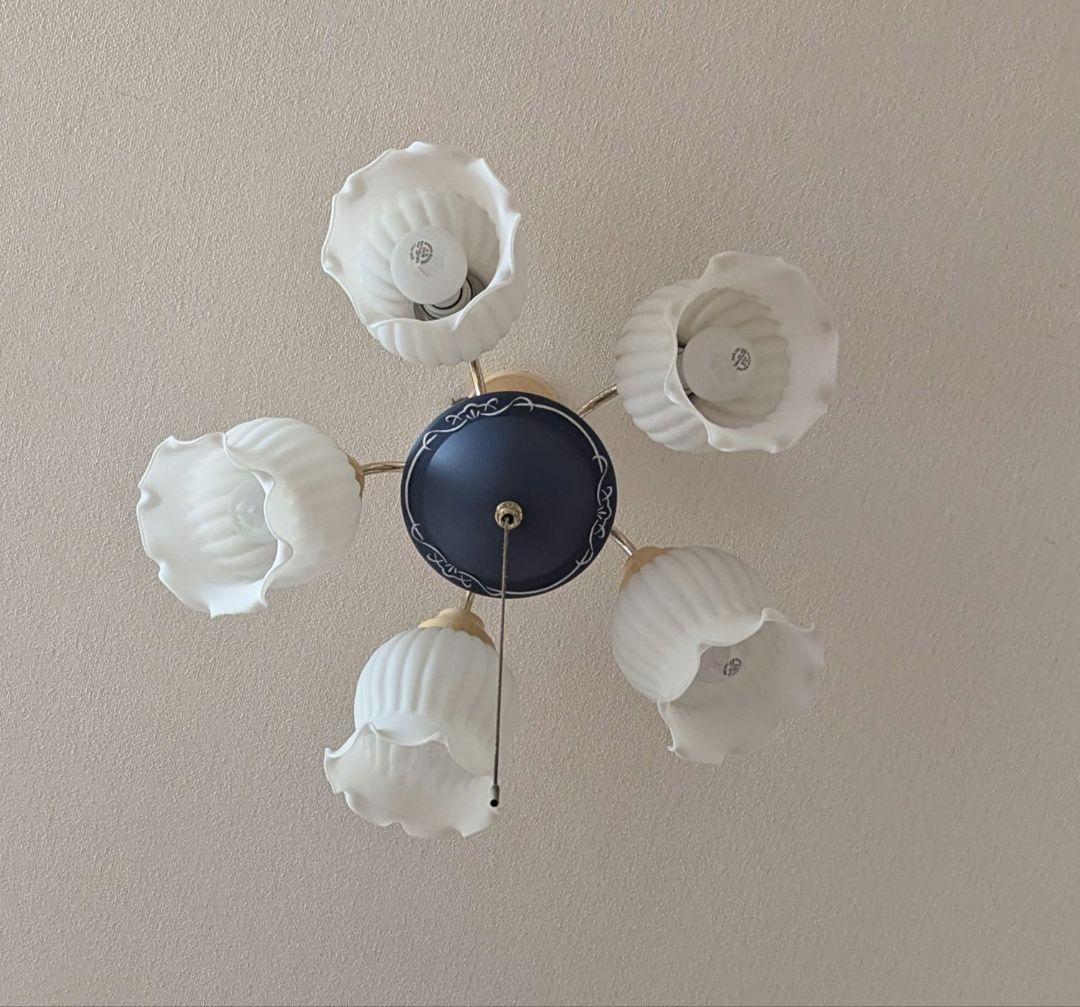 美品アンティーク フリルシェード すずらん型 豪華5灯シャンデリア