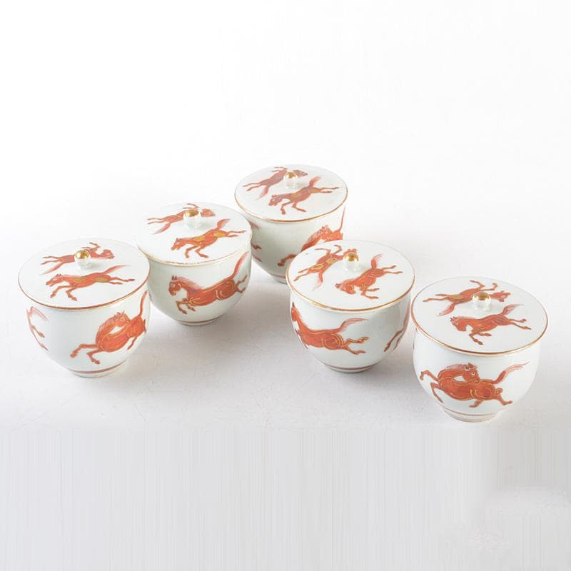 九谷焼 赤絵金彩 双馬文 蓋付煎茶碗 蓋碗 五客 C 5588