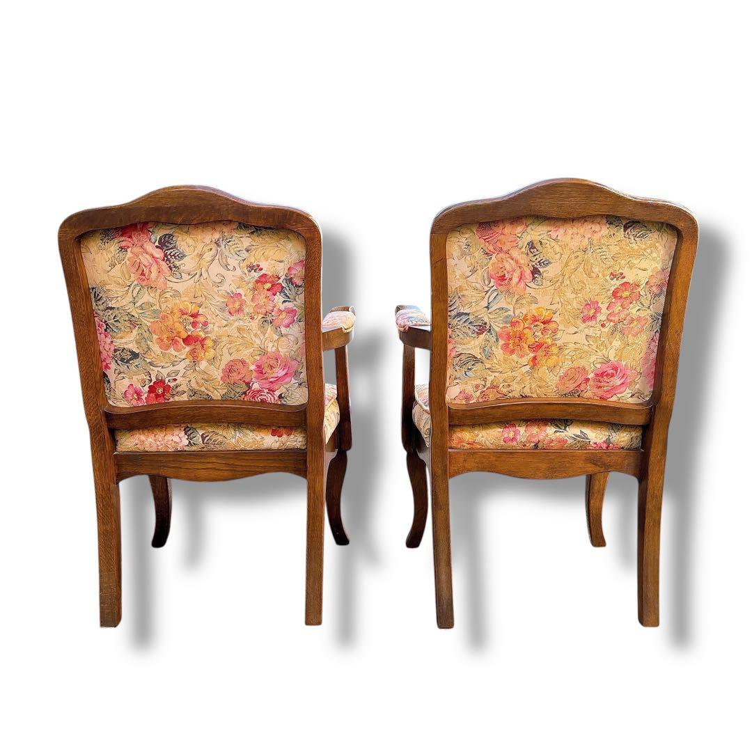アンティーク 猫脚風 木製 肘掛チェア 2脚セット 花柄 店舗什器