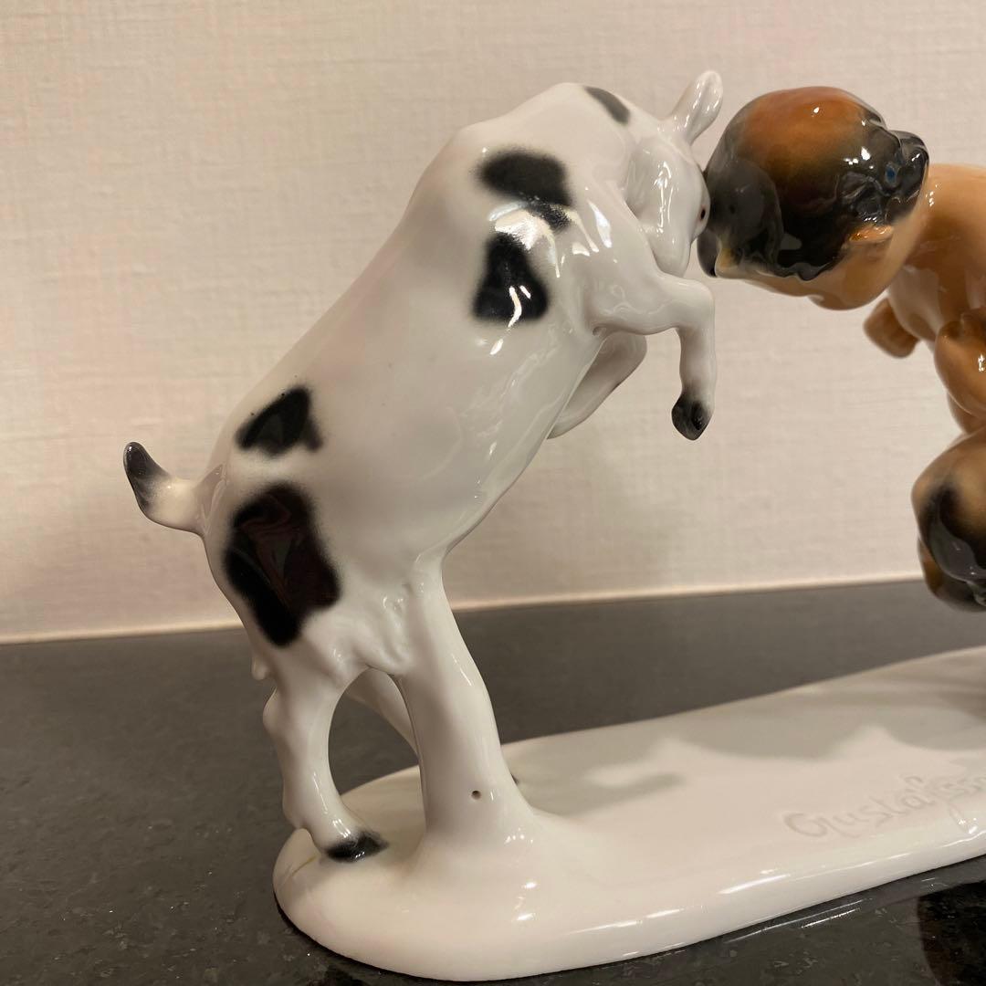 一点物♡】「Gustafsson」と刻印 雄ヤギと角をぶつけ合う牧神の彫刻