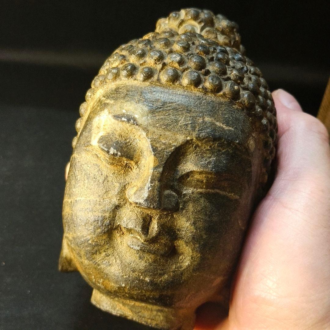 中国仏教美術 佛頭 天然石 手彫り骨董 アンティーク 石窟発掘 蒐集家