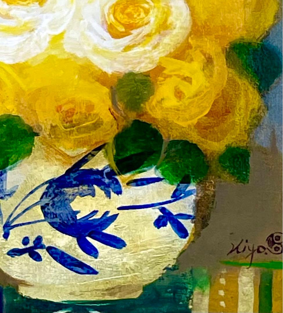 清原啓一　真作「黄薔薇」 油彩3号　サイン署名　芸術院会員　薔薇名品　古径製額装