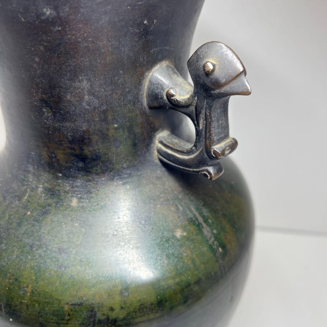 中国清時代　鳥耳付古銅花瓶　高さ約33.5㎝　3462g 東Y7-1106☆2F