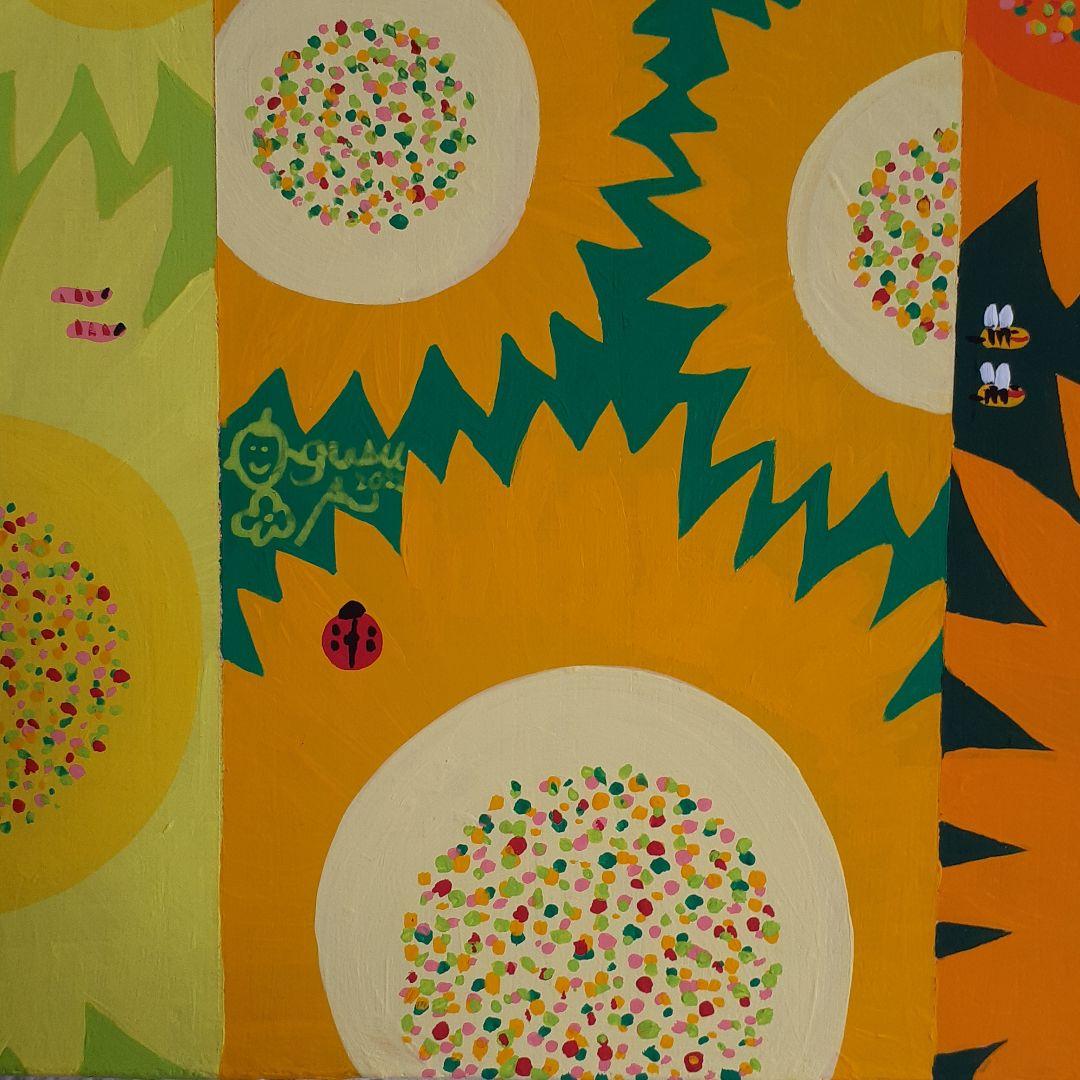 ひまわりの壁掛けアート　アクリルガッシュ　F4号キャンバス　画家　小楠アキコ作品