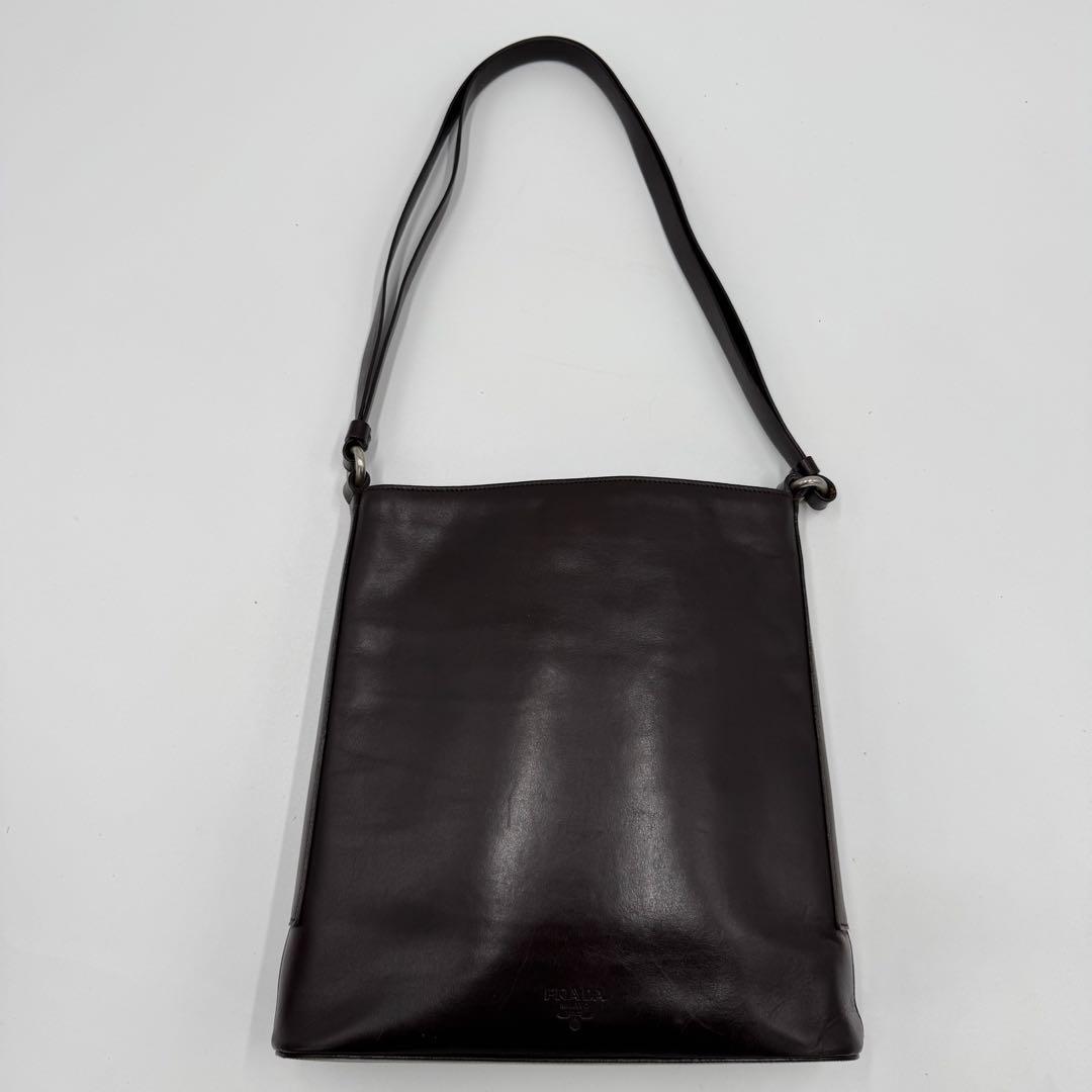 PRADA プラダ カーフ レザー ショルダーバッグ 肩掛け ダークブラウン