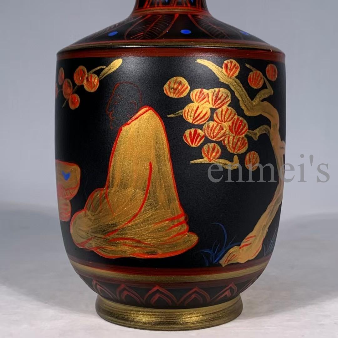 中国古美術・旧蔵宋汝窯・大漆彩繪人物對弈圖竹節瓶・彩絵・花瓶・陶磁器・文房置物