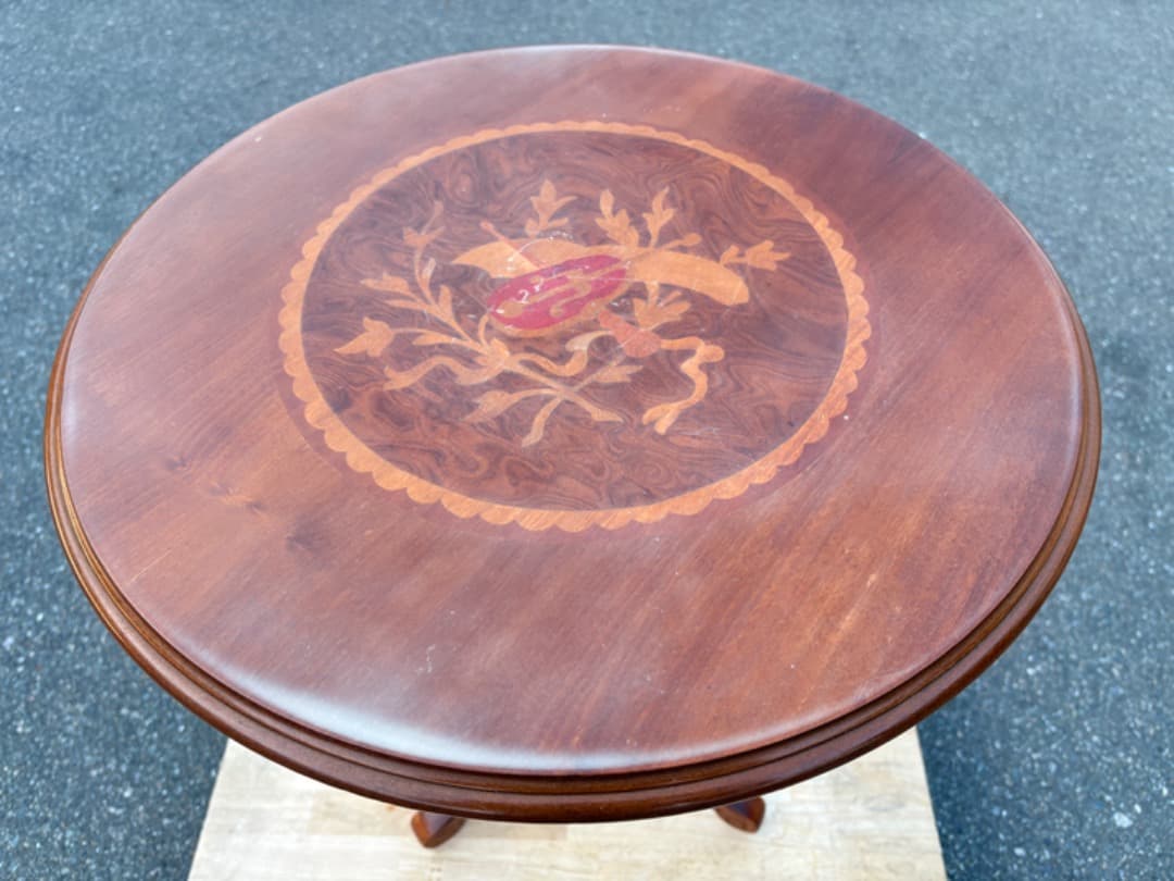 マホガニー調 サイドテーブル 象嵌細工 インレイ 飾り台 花台 挽物細工