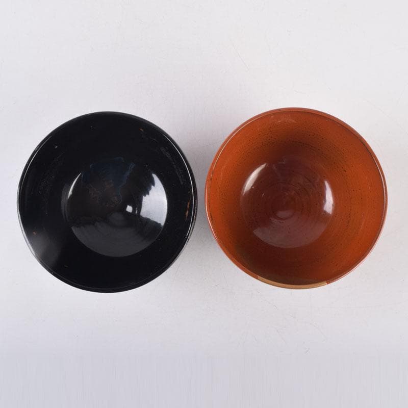 茶道具　春斎銘　陶蒔絵　黒塗　朱塗　波筏瓢箪蒔絵　茶碗　一対　V　8409