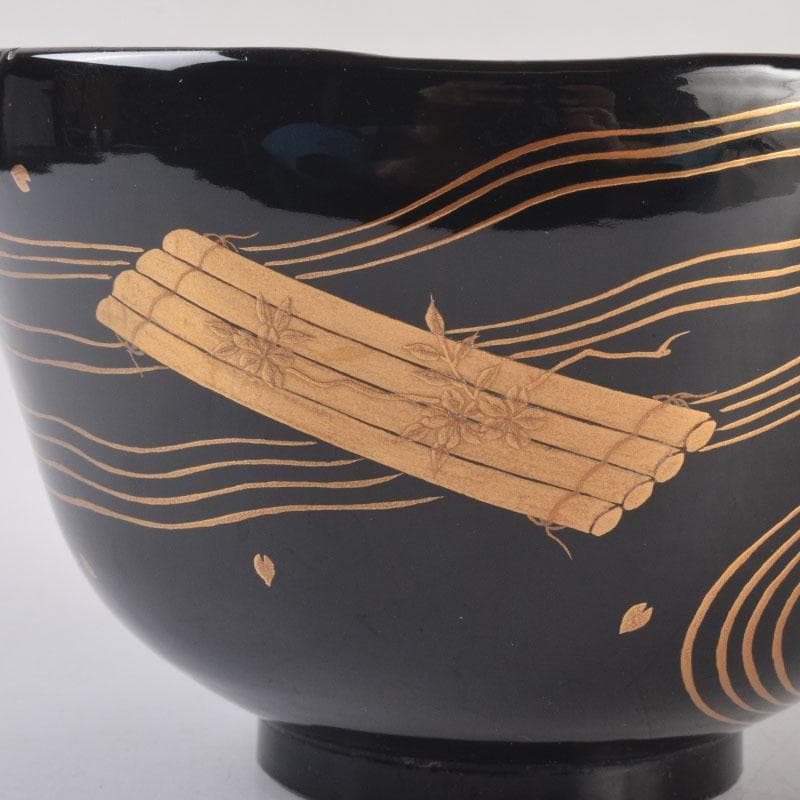 茶道具　春斎銘　陶蒔絵　黒塗　朱塗　波筏瓢箪蒔絵　茶碗　一対　V　8409