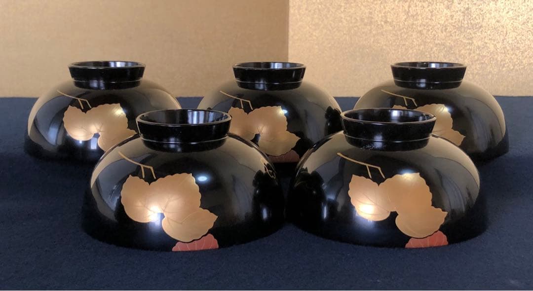 《レ》輪島塗 黒塗 蔦蒔絵 吸物椀5客 木製漆器 木箱　251119え4