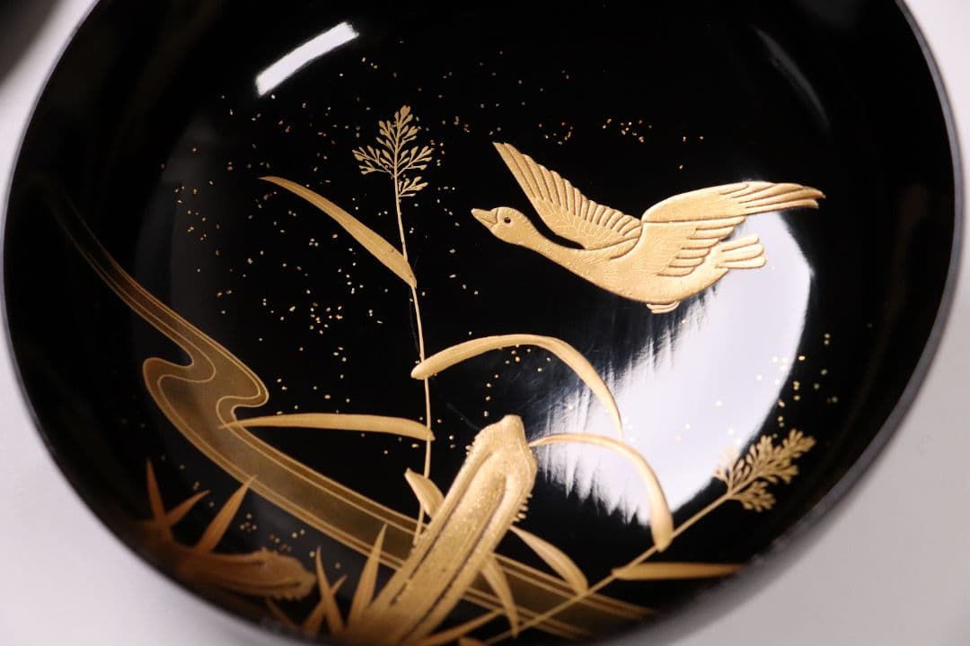 CL63 加賀蒔絵 月に雁 金蒔絵 黒塗煮物椀 二客 木製漆器 梨地 鳥 芦