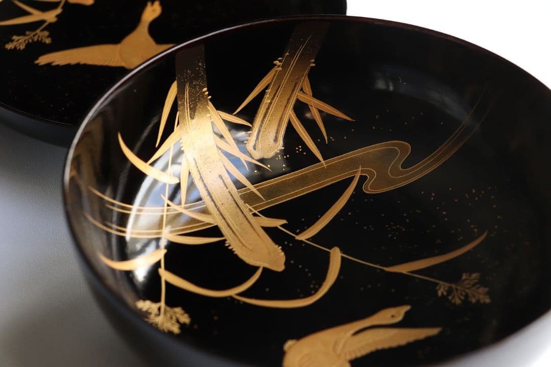 CL63 加賀蒔絵 月に雁 金蒔絵 黒塗煮物椀 二客 木製漆器 梨地 鳥 芦