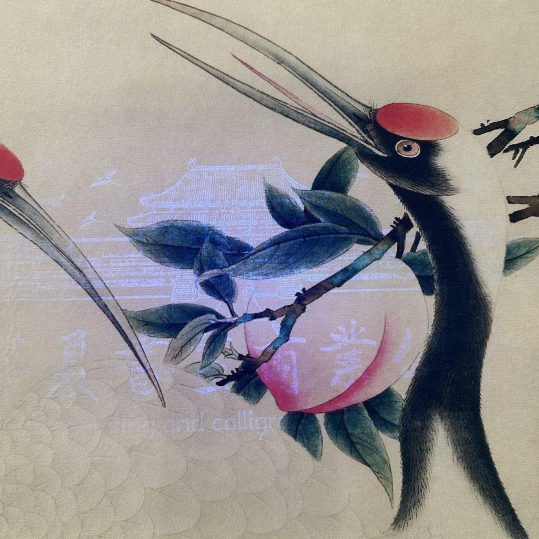 複製掛軸・証書付】斉白石『賀寿図』中堂画 桃・丹頂鶴 70×173cm 花鳥