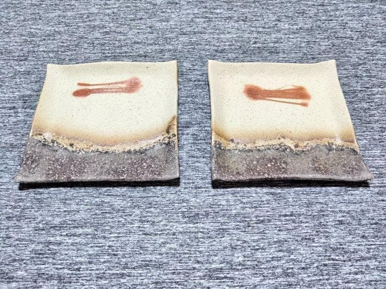 備前焼 おしゃれなデザインの平角皿2枚セット 刺身、その他料理 日本