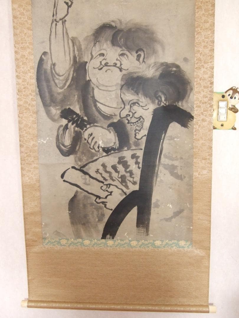 曾我蕭白　寒山拾得　肉筆墨絵　表具はやり直した　軸先は最高級な軸先