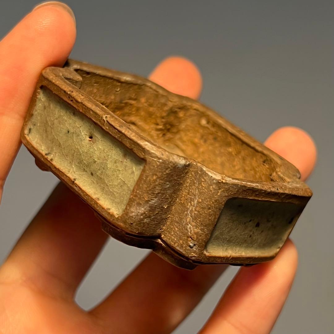 768.夢陶 隅角額入長方豆鉢 平成四年初窯 盆栽鉢 6*5.3*2.2cm