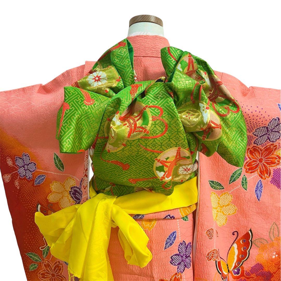 着物　七五三　7歳　女の子　13点　フルセット　ピンク　蝶　花　絞り風柄　刺繍