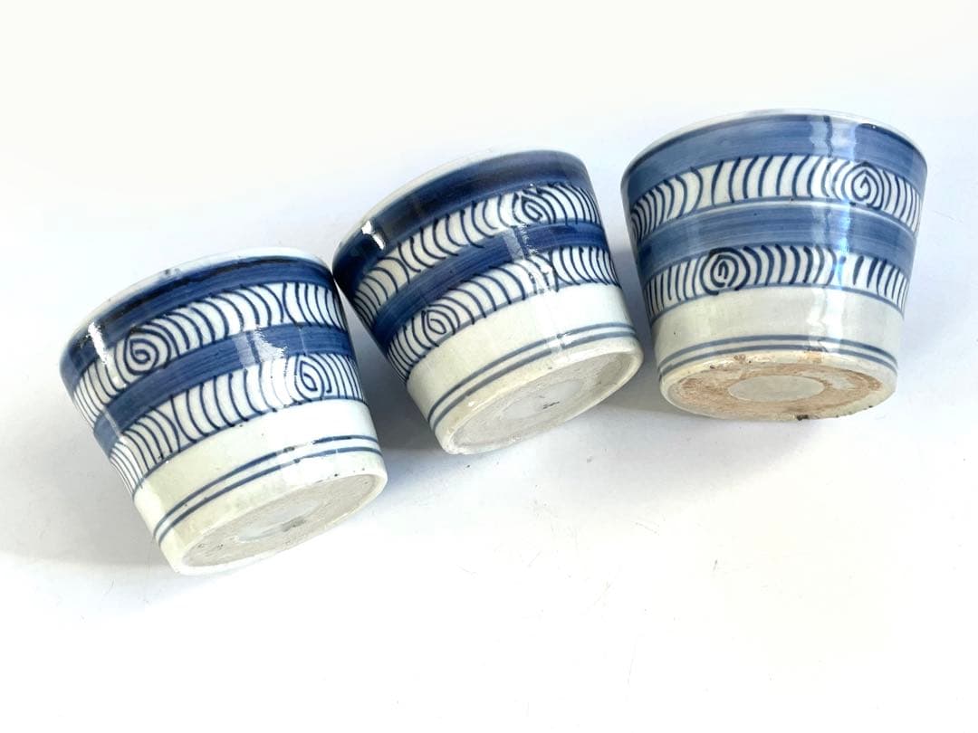 骨董 古伊万里 アンティーク 染付 観世水 馬の目 蕎麦猪口 3点 甘