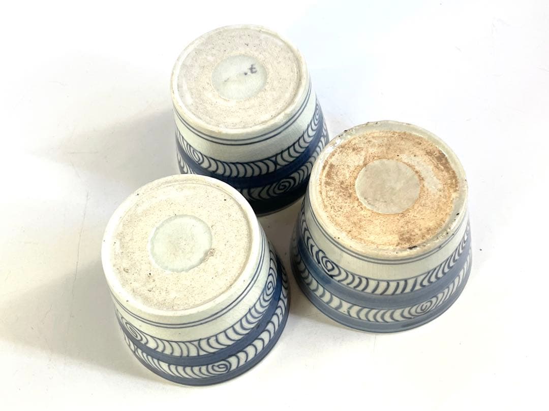 骨董 古伊万里 アンティーク 染付 観世水 馬の目 蕎麦猪口 3点 甘