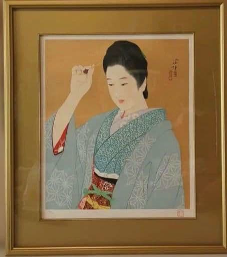 伊東深水リトグラフ（石版画)作品名夜會巻、1996頃出版額入り（アクリル)