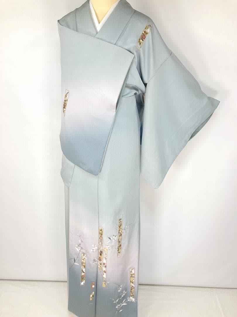 総刺繍 やまと誂製 熨斗 訪問着 袷 正絹 水色 グレー 紫 青 白藍 1395