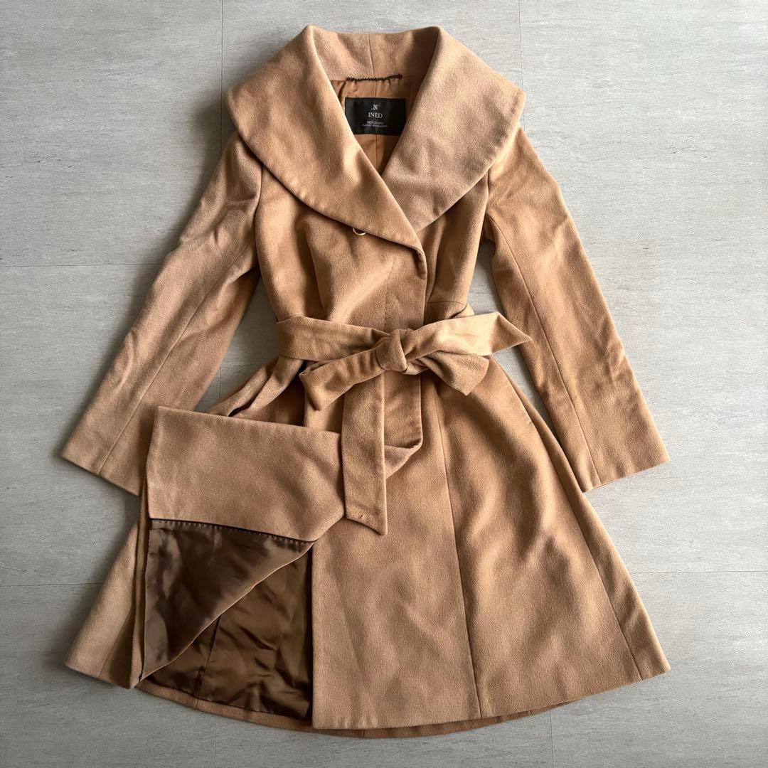 INED イネド カシミヤ100% ロングコート ベルト付き 女優襟 キャメル