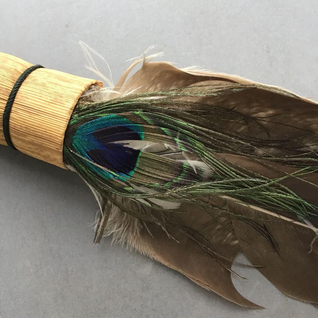 茶道具 羽箒(孔雀羽入り) 紙箱(修復歴あり、紙箱劣化有) S21HB