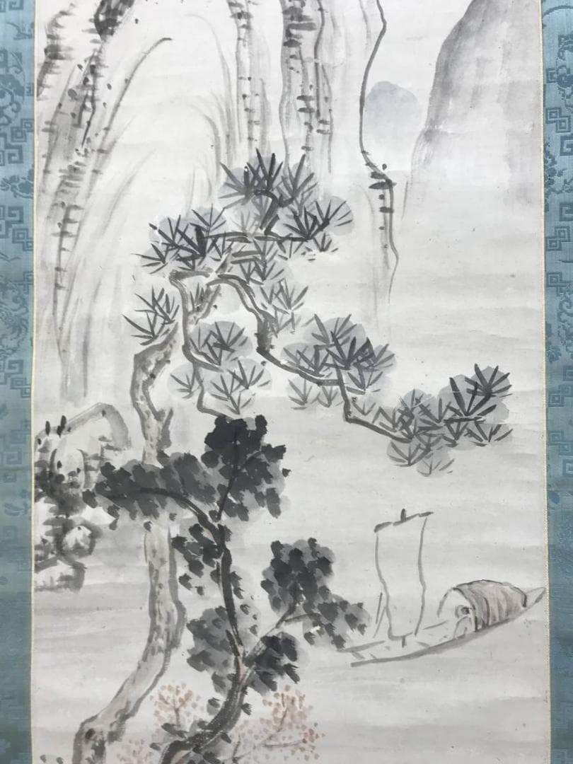真作/長町竹石/山水人物図/秋江帰帆/山水図/帆船図/掛軸/名家伝来