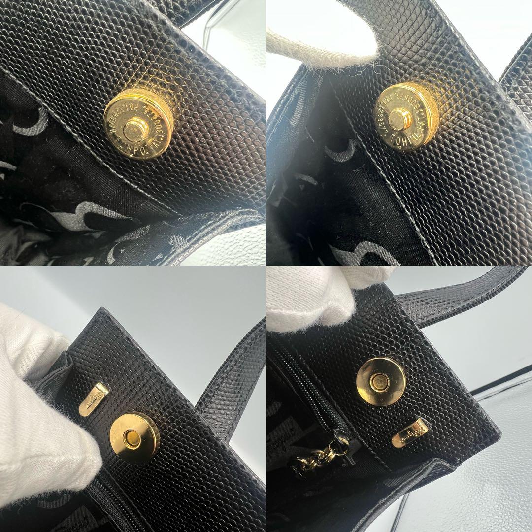 フェラガモ ヴァラ金具 型押し ハンドバッグ 黒 レザー ゴールド