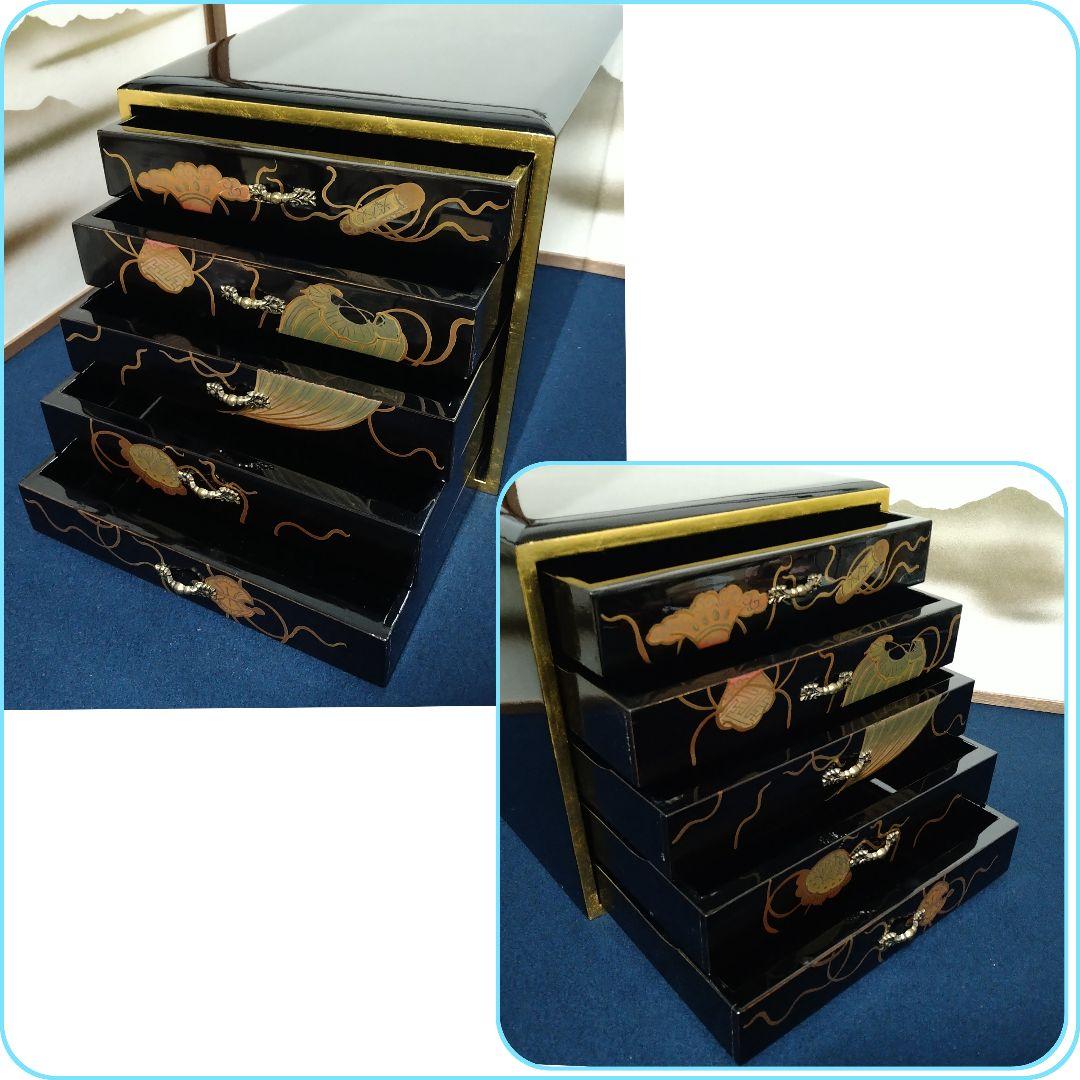 A846 輪島塗 蒔絵 五段引き出し 小箪笥 黒漆箱 仏具 経箱 五帖