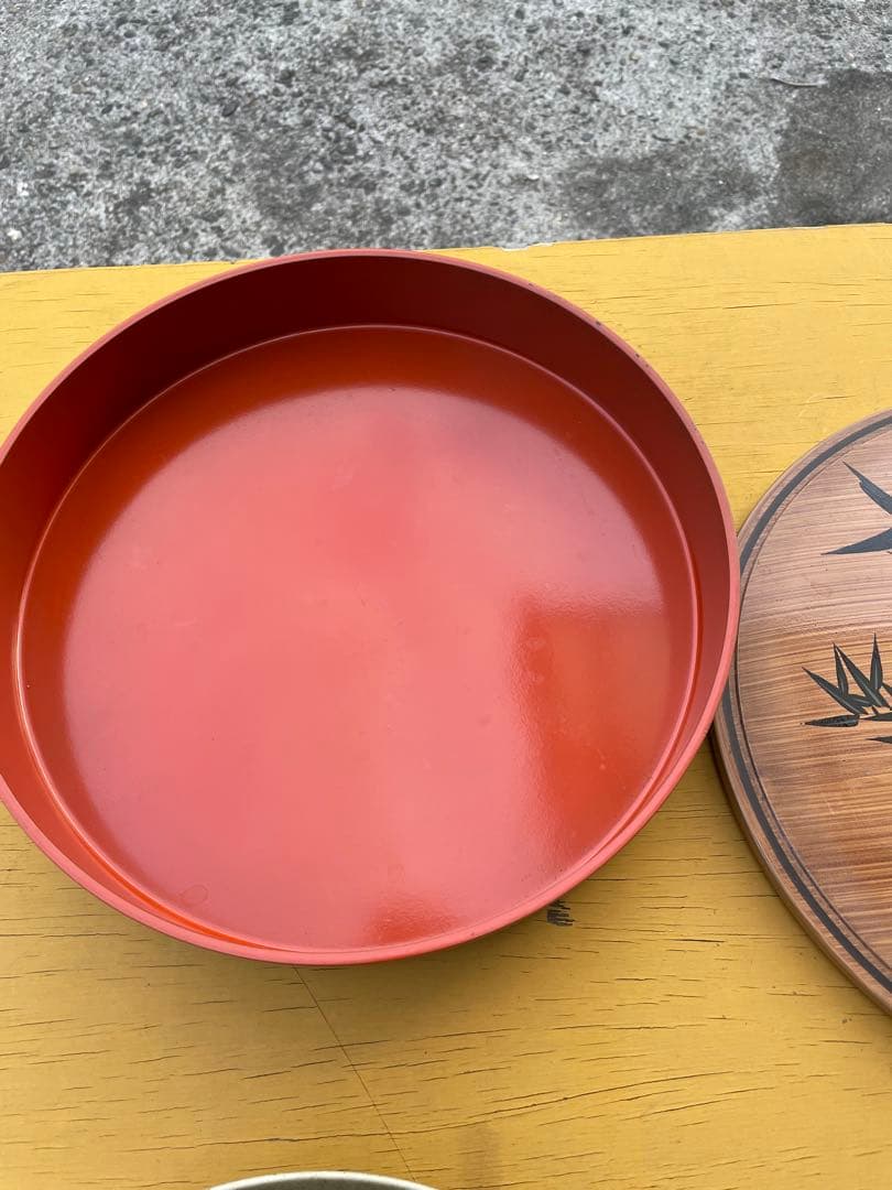 竹デザイン 漆器盆 赤内側 藍胎漆器 木製 竹細工 細やかな網代模様が