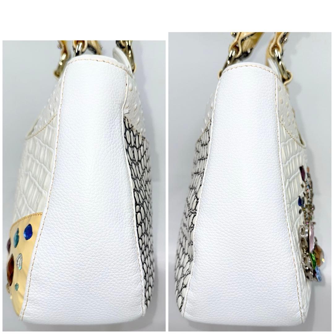 ✨良品✨ ミケランジェロ ビジュー 装飾 型押しレザー トート ハンドバッグ