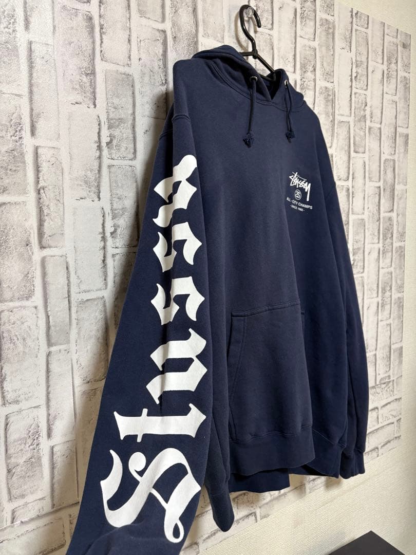 STUSSY◎紺白 袖ロゴ ストックロゴ パーカー ネイビー　古着