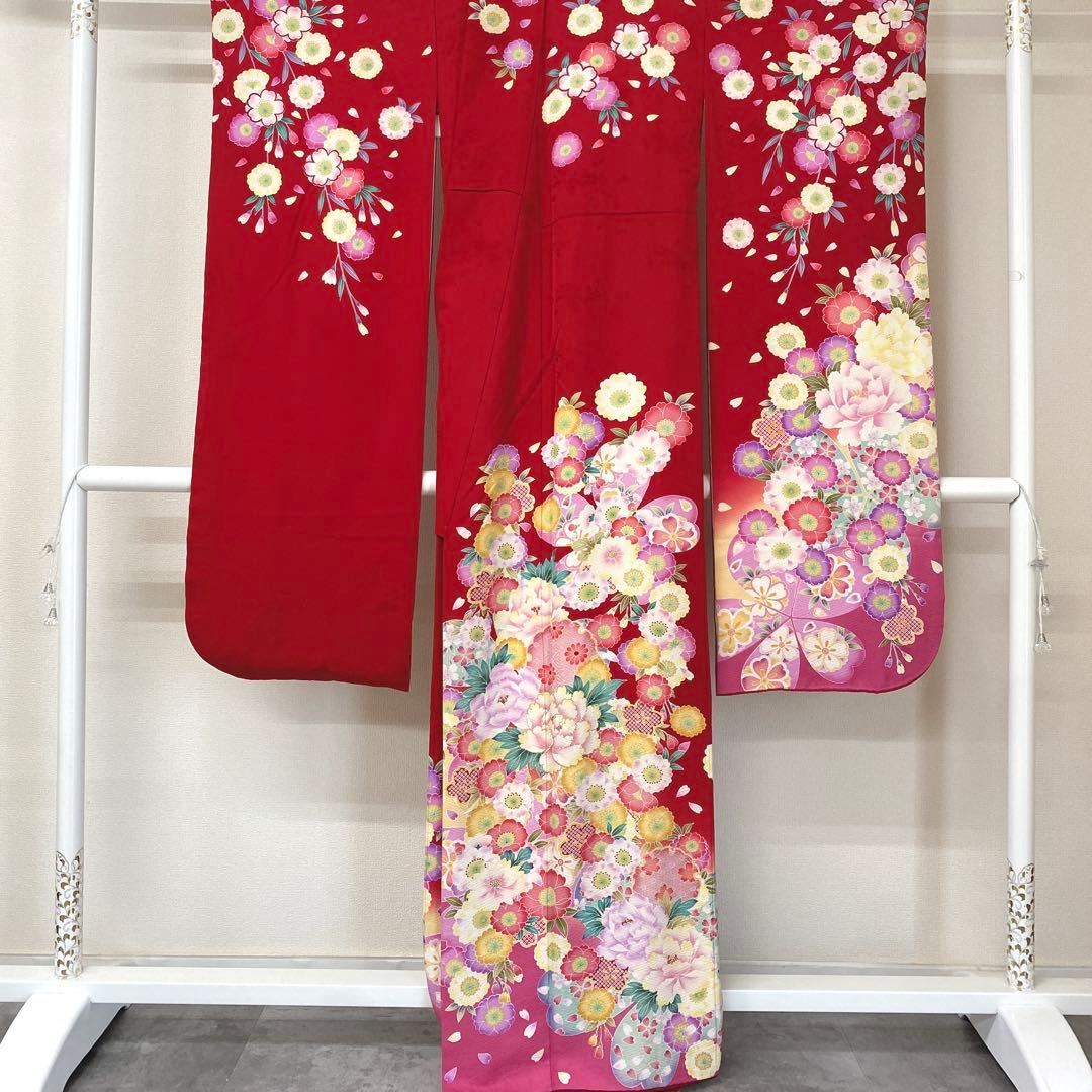 ⭐︎K0810 美品 正絹 振袖 レンタル店放出品 ガード加工 花柄 赤 9