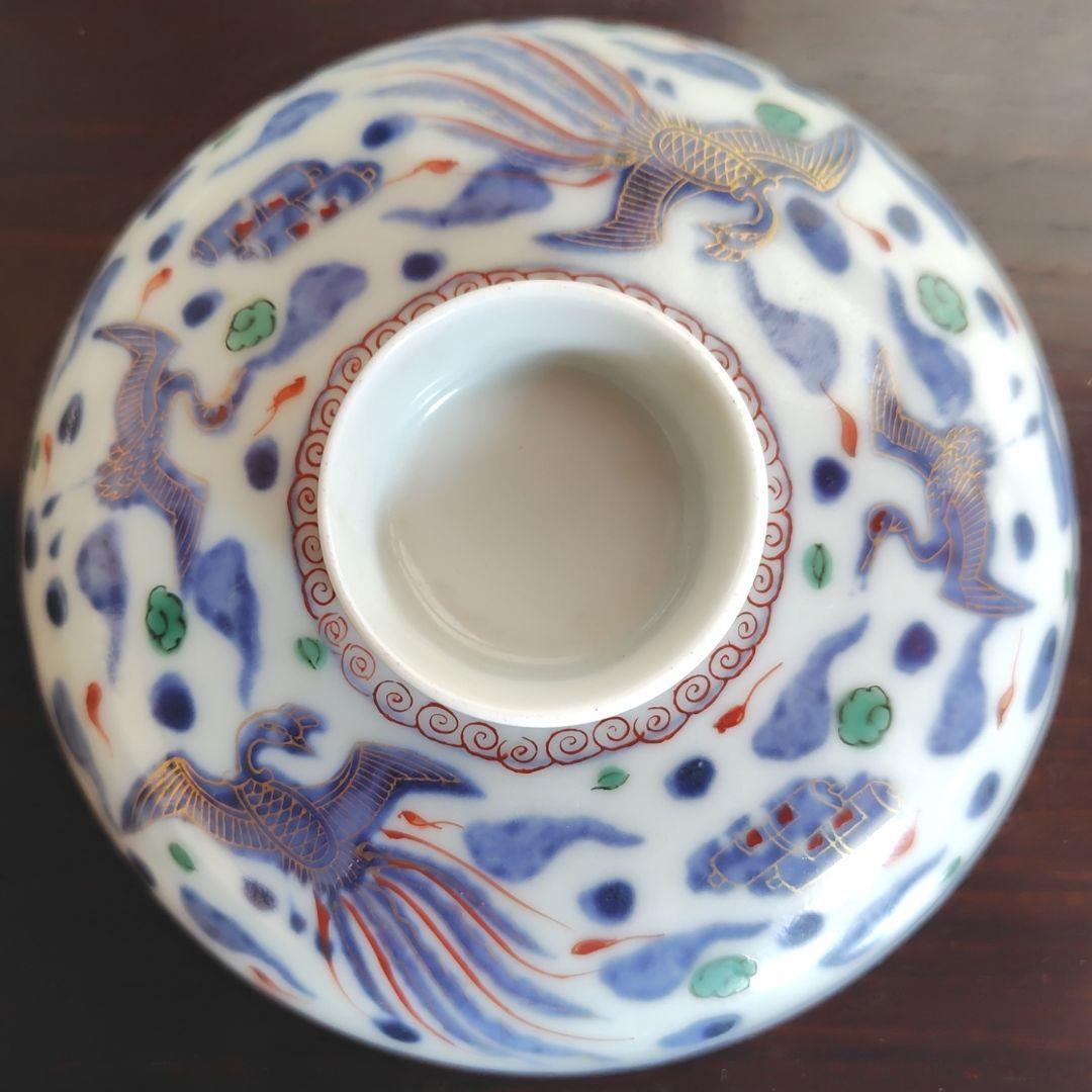 九谷焼 錦絵 金彩 蓋付き茶碗 飯茶碗 茶碗 5客 鳳凰 アンティーク 冬