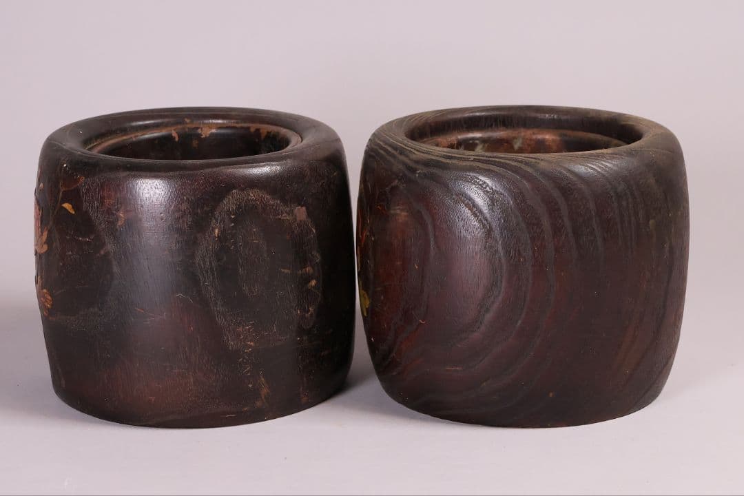 古い 桐火鉢一対 菊蒔絵 小さめ 手あぶり 6.5号 高さ15.3cm【MB30