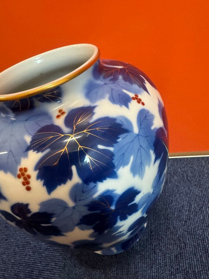 2002 深川製磁 葡萄瑠璃 花瓶 金彩