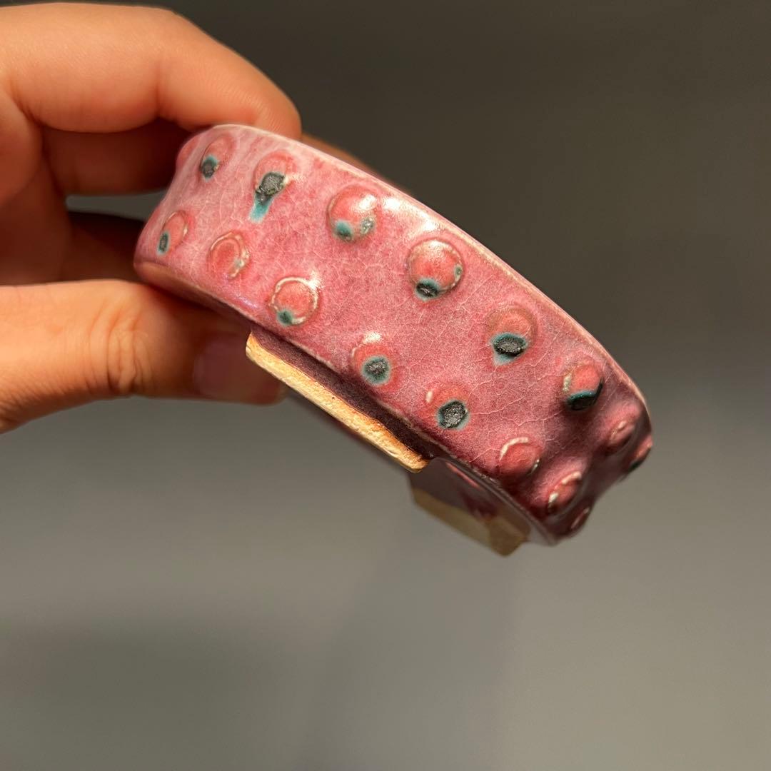 571.秋直 窯変辰砂釉鼓釘丸 盆栽鉢 植木鉢 9.8*3cm
