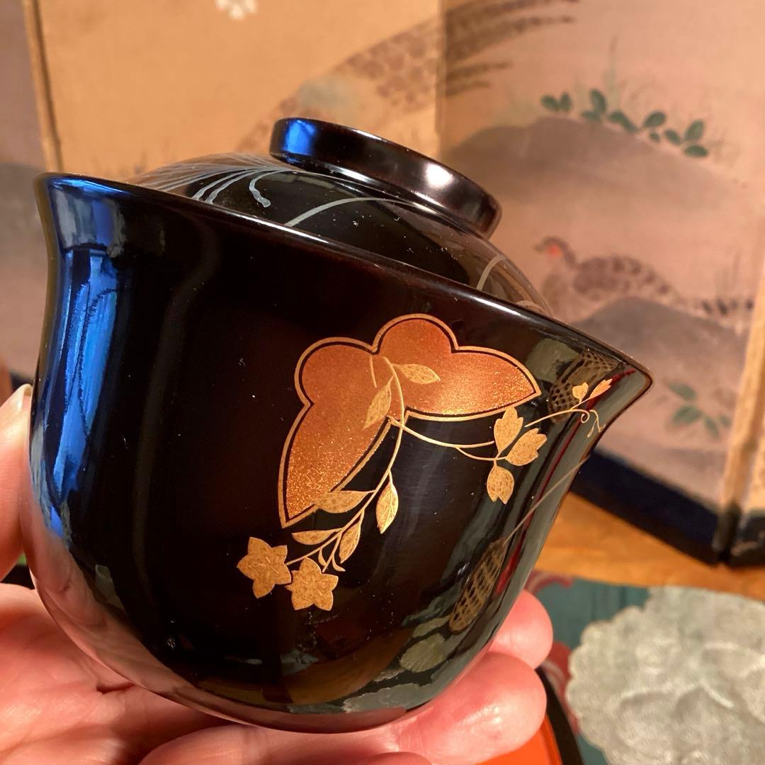 Ａ1019木製輪島塗椀　懐石道具　黒塗　秋草蒔絵　箸洗　小吸い物　　5客