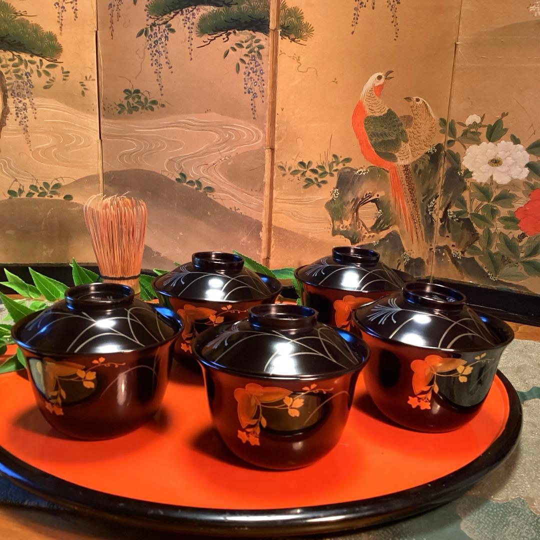 Ａ1019木製輪島塗椀　懐石道具　黒塗　秋草蒔絵　箸洗　小吸い物　　5客