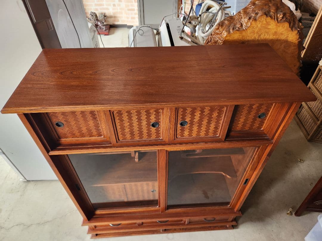 欅 あじろ茶棚 茶箪笥 和風収納棚 ガラス扉付き アンティーク風昭和レトロ