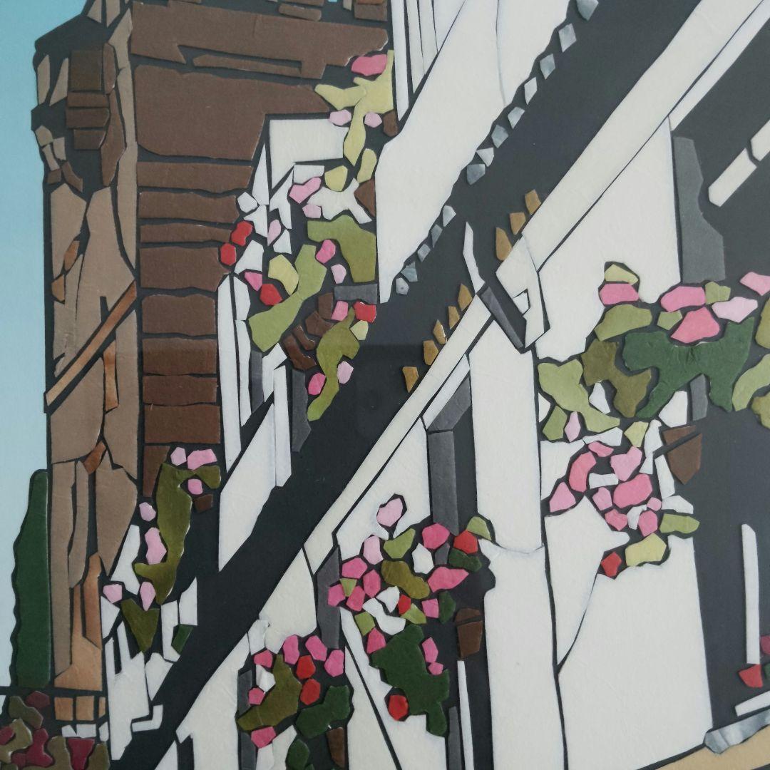 切り絵アート　スペインの街並み　海外風景画　貼り絵　額装　花のある街角