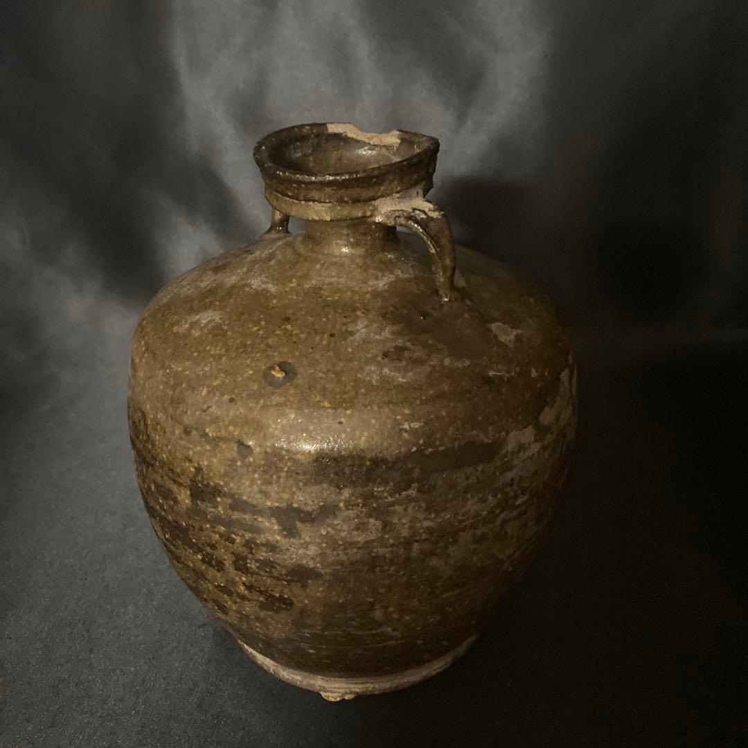 《赤字万博❗️》【三益】中国古美術　建窯藁灰釉双耳付壺（宋時代）【本物保証】