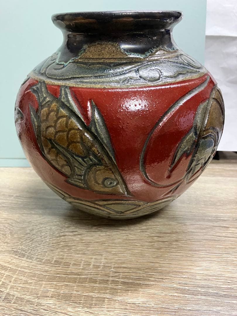 琉球 沖縄 壺屋焼 小橋川卓史作 赤絵魚紋壺 父小橋川清正 やちむん