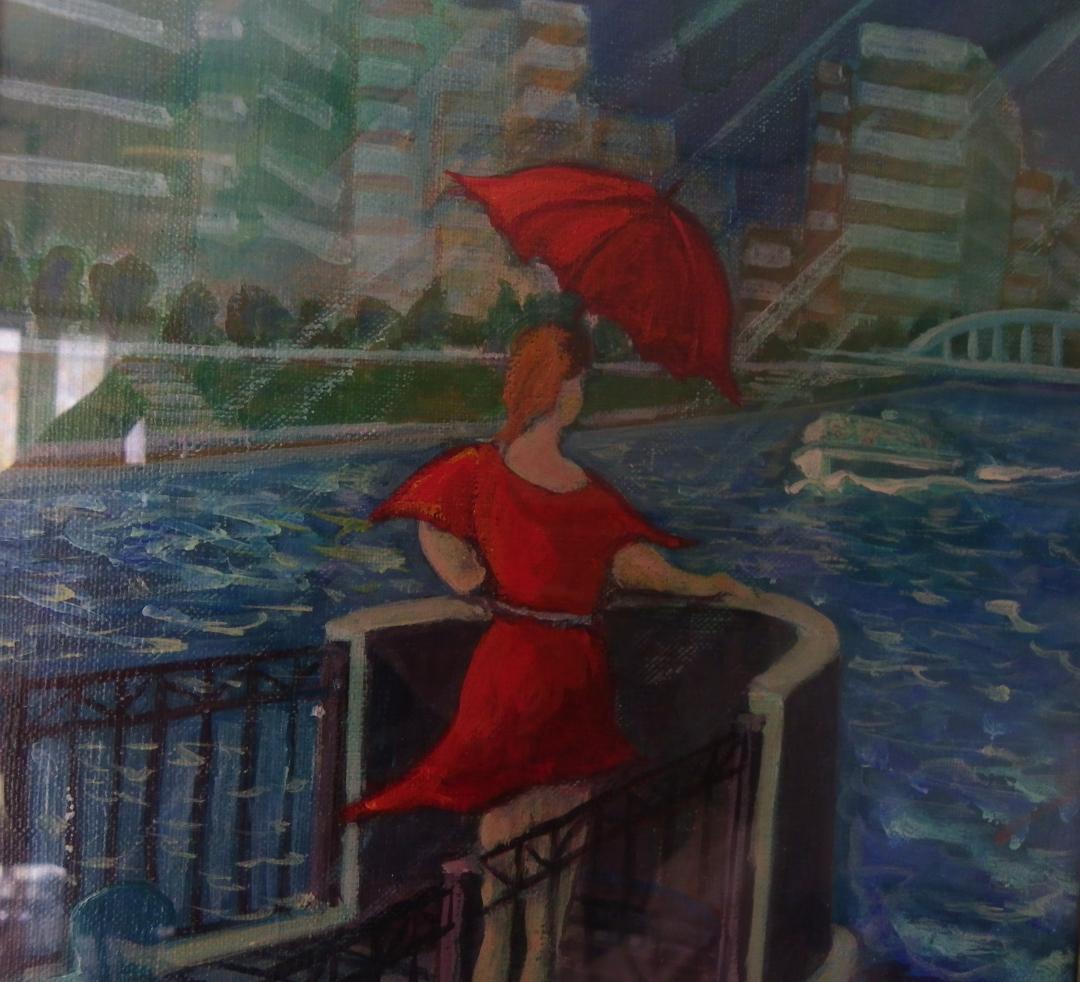 絵画　永田芳郎作　画題　雨のリバーシティ（隅田川）F3号　アクリルキャンバス画