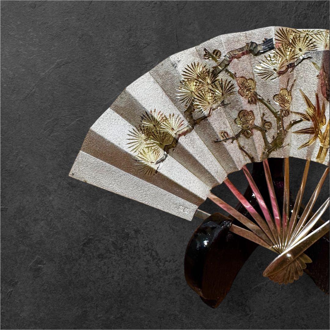 武比古 純銀 扇子 四寸五分 銀製 飾り扇 松竹梅 共箱付き 伝統工芸